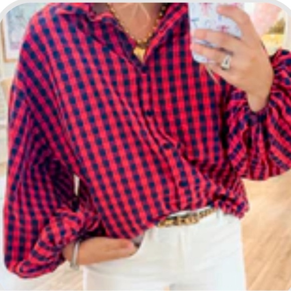 NWOT Nanatee red and blue checkered top, size medium - Picture 2 of 5